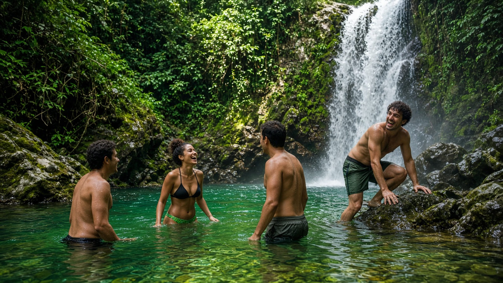 Grupo se refresca no poço da Cachoeira de Guaratuba